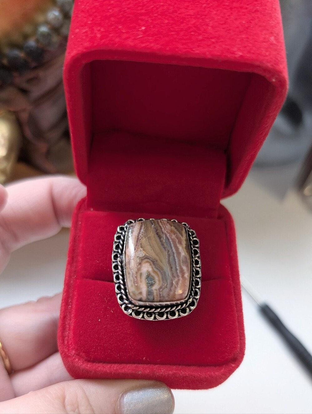 Vintage Handcrafted Sterling Silver Rhodochrosite Statement Ring Size 8.75